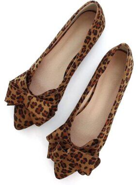 Women's Leopard Brown Suede Fashion Bowknot Flat Comfort Pointed Toe Dress Shoes